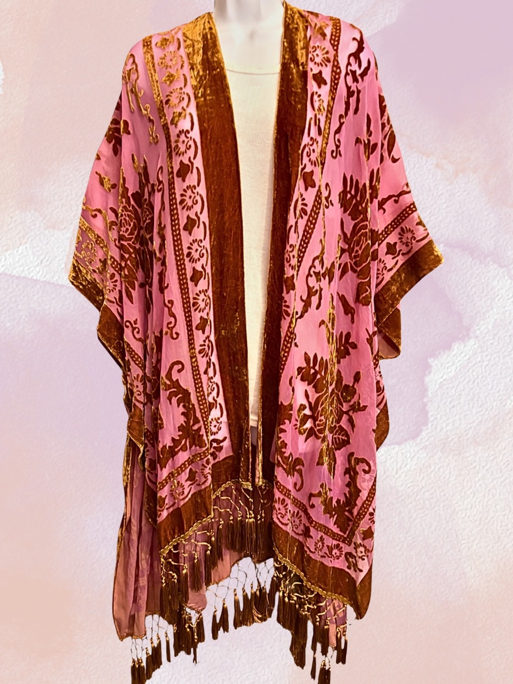 FREE PEOPLE KIMONO CARDIGAN Pink Brown Whimsygoth Boho Long Sheer Velvet Duster